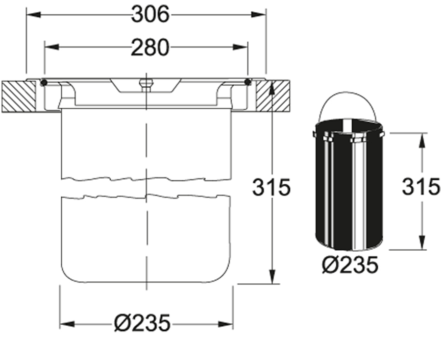 Technický nákres koš KEA F12, montáž do roviny