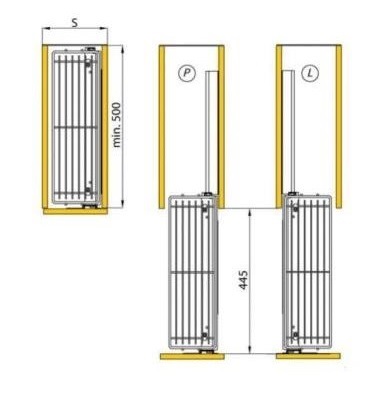 Technický nákres Výsuvný dvoupoličkový koš boční Cargo Prestige, levý