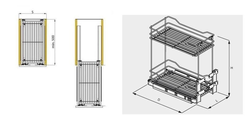 Technický nákres Výsuvný dvoupoličkový koš spodní Prestige, antracit