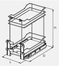 Technický nákres Výsuvný dvoupoličkový koš spodní Cargo Prestige, plné dno, chrom