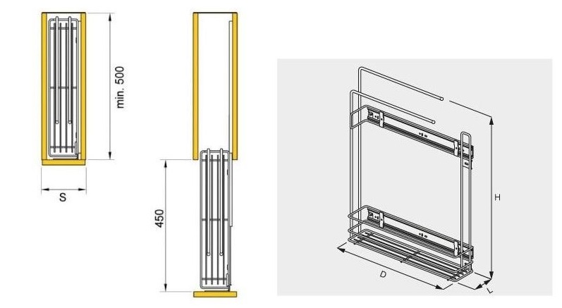 Technický nákres Výsuvný koš s vešákem na uterky, pravý, lesklý chrom