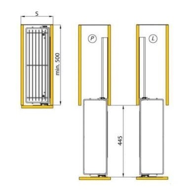 Technický nákres Výsuvný třípoličkový koš boční Cargo Prestige, levý