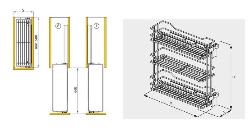 Technický nákres Výsuvný třípoličkový koš boční Cargo Prestige, pravý, antracit
