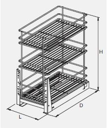 Technický nákres Výsuvný třípoličkový koš spodní Cargo PRO, stříbrný