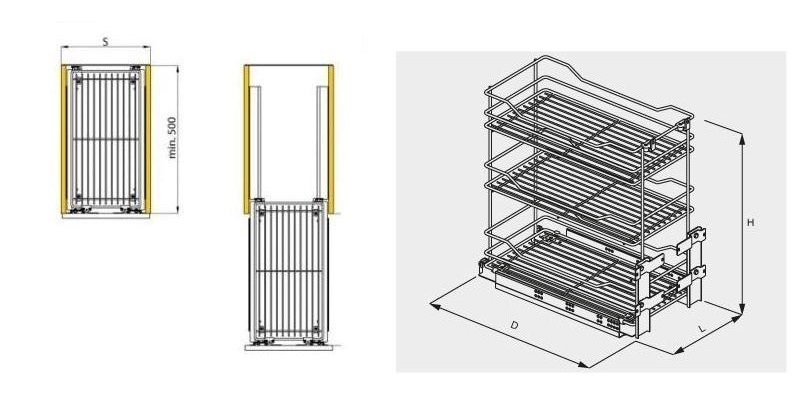 Technický nákres Výsuvný třípoličkový koš spodní Cargo Prestige, stříbrná