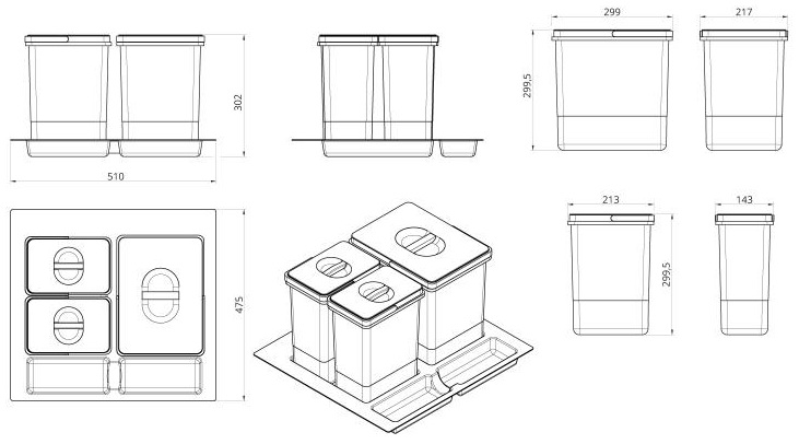 Technický obrázek odpadkového koše Sorter MEXI WS-500/60, 1x15L+2x7L