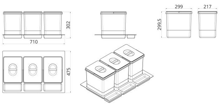 Technický obrázek odpadkového koše Sorter MEXI WS-500/80, 3x15L