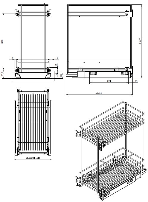 Technický nákres celodrátěný koš na výsuvech s tlumením